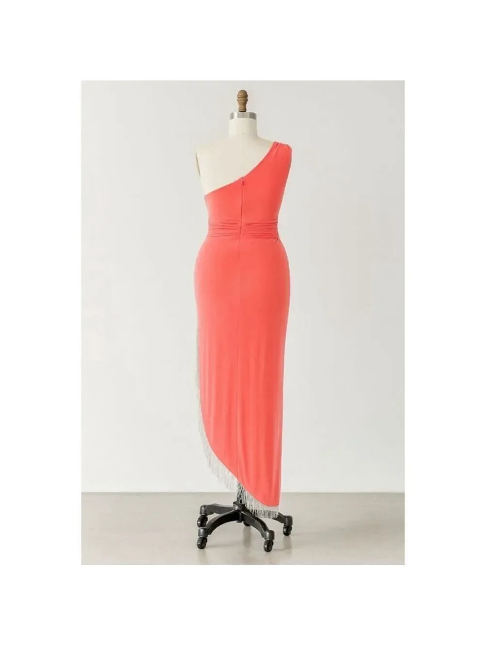 MAC DUGGAL Coral One Shoulder Dress with Fringe - Size 14W
